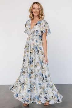 Baltic Born, Dress Dusty, Chiffon Material, Maxi Gowns, Gold Floral, Slate Blue, Blue And Gold, Cup Size, Flutter Sleeves