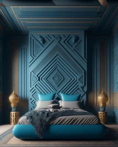 a bedroom with blue walls and gold accents