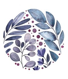 a watercolor painting of leaves and berries on a white background with purple dots in the center