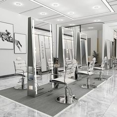 a salon with mirrors and chairs in it