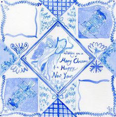 a blue and white christmas card with an angel on it