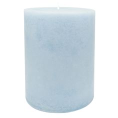 a light blue pillar candle on a white background