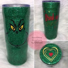 Custom Drink Up Grinches Glitter Grinch 24 Oz Double Walled Stainless Steel Tumbler Cup. Painted, Decorated With Decals & Or Vinyl & Sealed With Fda Approved Sealant. Keep In Mind They Are Handmade, So The Wait Time To Ship Can Be Up To 2 Weeks, Depending On If It Is A Made To Order. Do You Have Your Own Decal Or Images That You Want On Your Cup? Please Contact Me With Any Questions You Might Have. Thank You So Much For Stopping By! Follow Me On Instagram @Soulshinecreationsco Tumbler Ideas Vinyl, Grinch Tumbler, Drink Up Grinches, Glitter Tumbler Cups, Cup Designs, Custom Tumbler Cups, Christmas Cup, Tumbler Cups Diy, Diy Cups