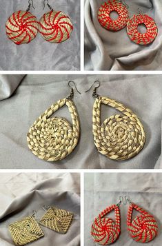 four pictures of different types of earrings on a cloth background with text that reads, how to make woven earring patterns