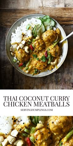 thai coconut curry chicken meatballs in a bowl with rice and garnishes