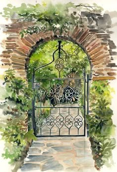 watercolor painting of an iron gate in the garden