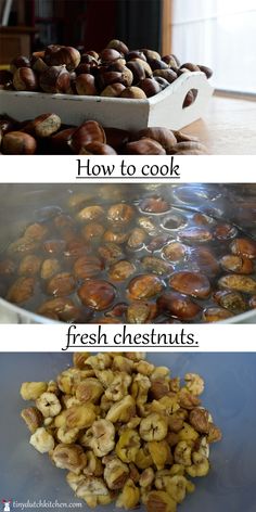 two pictures showing different types of nuts and how to cook them in the same pan