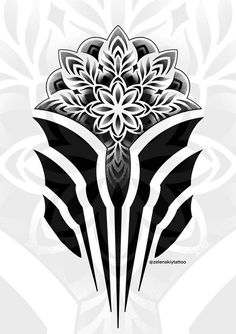 a black and white flower on a gray background with an abstract design in the middle