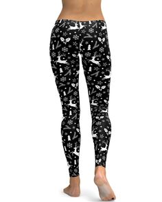 Classic black and white color combination + Christmas cheer = the Gearbunch Black Reindeer Christmas Leggings. The super comfy black leggings are covered in cute little reindeer, holly leaves, and snowflakes in white and grey tones. The stretchy soft fabric, flattering fit and elastic waist make these leggings perfect all year round for gym, yoga and all your favorite sports and hobbies. Be Happy, Be Bright, Be You with Gearbunch Black Reindeer, Capri Pants Outfits, Pant Outfits For Women, White Reindeer, Christmas Leggings, Holly Leaves, Legging Outfits, Black And White Color, Reindeer Christmas