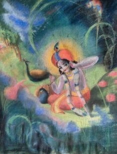 an image of lord ganesh in the midst of flowers and trees with birds flying around