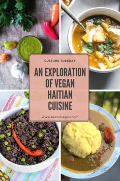 an assortment of vegan and vegetarian cuisines with text overlay that reads, an exploration of vegan hatain cuisine