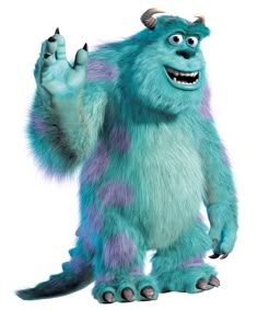 a blue monster with horns and claws on it's head is making a hand gesture