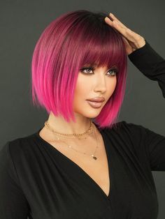 🔴 Color: Pink 🔴 Wigs Design: Costume Wigs 🔴 Type: Bangs Wig Shiv Hair, Hot Pink Short Hair, Pink Hair Styles, Vibrant Pink Hair, Wigs Cute, Pink Short Hair, Bob Wigs With Bangs, Bright Pink Hair, Perfect Bangs