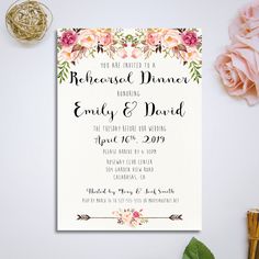 the floral dinner party card is displayed next to pink roses and greenery on a table