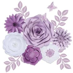 paper flowers and butterflies are arranged in purple, white and grey colors on a white background