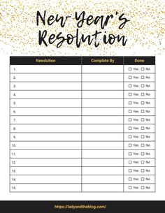 the new year's resolution printable is shown with gold confetti on it