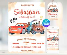 an image of a birthday party with cars on the front and back of the card