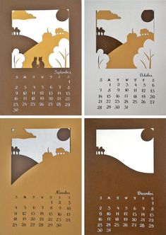 four different calendars with the same image as paper cutouts on each one side