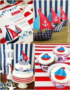 red, white and blue sailboat themed birthday party with free printable cupcakes