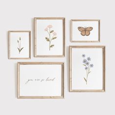 four framed pictures with flowers and butterflies on them