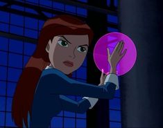 an animated woman holding a pink frisbee in front of a window at night