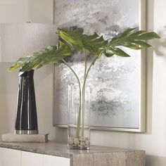 a plant in a vase sitting on top of a dresser