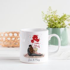 a personalized coffee mug with an image of a woman sitting on the floor next to a potted plant