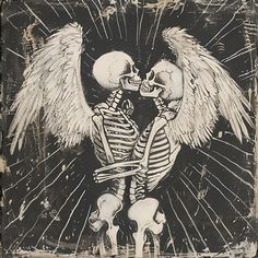 an image of two skeletons with wings on their heads hugging each other in the dark