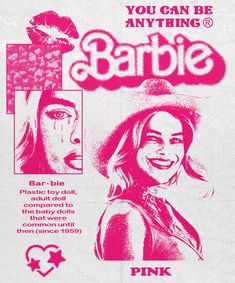 a pink ad for barbie cosmetics with two images of the same woman and one is wearing a hat