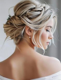 a woman with blonde hair wearing a white dress and braided up into a low bun