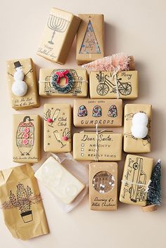 many different types of gifts wrapped in brown paper