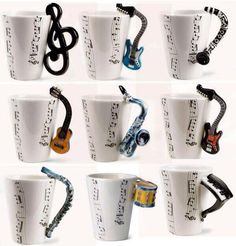 coffee mugs with musical instruments on them are lined up in the shape of music notes