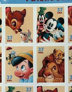 four stamps with cartoon characters on them, including mickey mouse and other disney characters in different poses