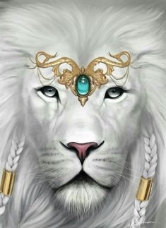 a white lion with blue eyes and gold accents