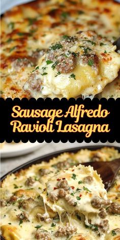 sausage alfredo ravioli lasagna on a spatula