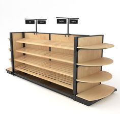 an empty wooden counter with three signs on it's top and two shelves below