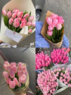 pink tulips are arranged in baskets on the ground