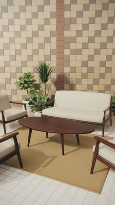 a living room filled with furniture and potted plants