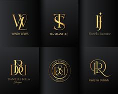 six gold monograms with the letter s and j in different styles on black background