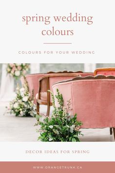 pink chairs with flowers and greenery on them for an elegant wedding color scheme that is perfect