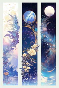 three vertical banners with flowers and planets in the sky, one is blue and the other is white