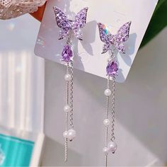 Exquisite 3d Butterfly Shaped Faux Pearl Tassel Dangle Earrings - Inlaid With Shiny Crystal, Fine Jewelry For Women, Delicate And Elegant Accessories For Any Occasion Long Pearl Earrings, Korean Earrings, Korean Jewelry, Wedding Pendant, Long Tassel Earrings, Purple Pearl, Tassel Drop Earrings, Fancy Jewellery, Rhinestone Wedding