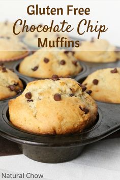 chocolate chip muffins in a muffin tin with the title gluten free chocolate chip muffins