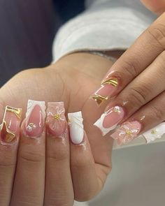 Nails | nail ideas | nail inspo | acrylic nails | gelxnails | short nails | white nails | gold nails | square nails | Gold And White Nails Short, White And Gold Nails Square, Baddie Nail Sets, White And Gold French Nails, Square Gold Nails, Gold French Tip Toes, White And Gold Nails Short, Gold Nails Square, Short Nail Set Ideas