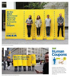 three people are standing in front of a yellow sign with the words ikea on it