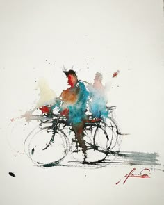 a watercolor painting of a man riding a bike