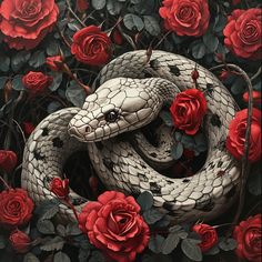 a painting of a snake surrounded by roses