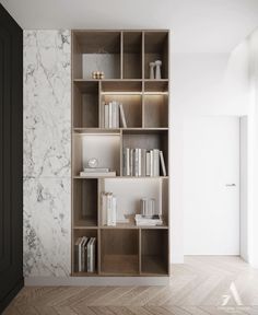 a book shelf with many books on it in a room next to a door and window