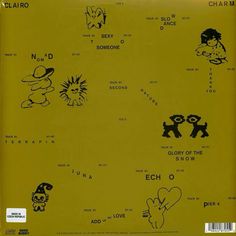 the back side of a yellow vinyl album with cartoon drawings on it and words written in different languages