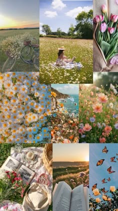 a collage of images with flowers and books in them, including an open book